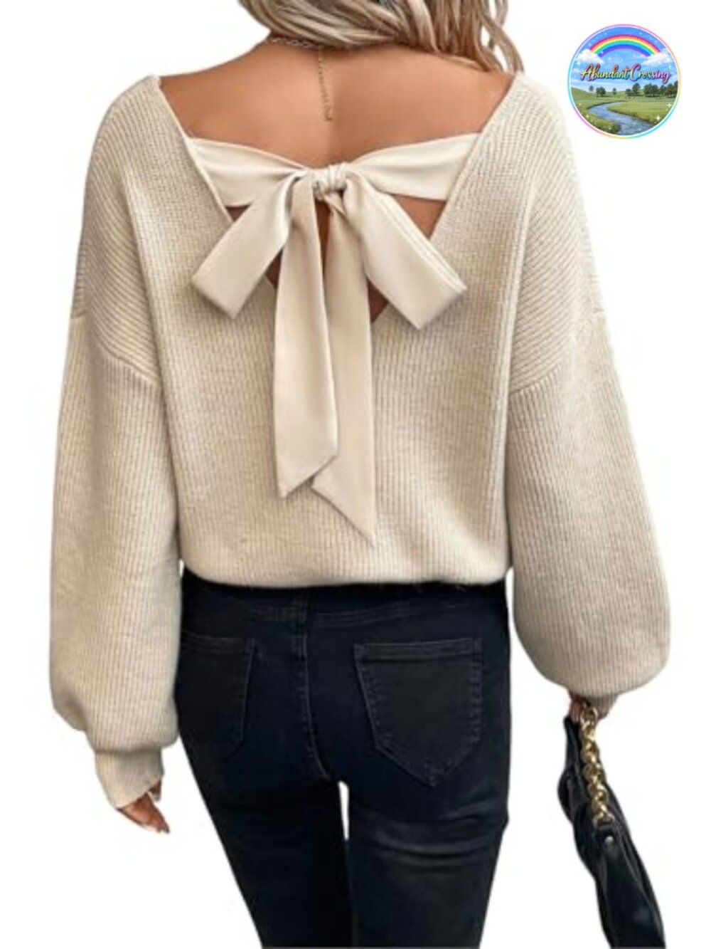 Womens Knit Sweater V-Neck Tie Back Long Sleeve Cotton Blend